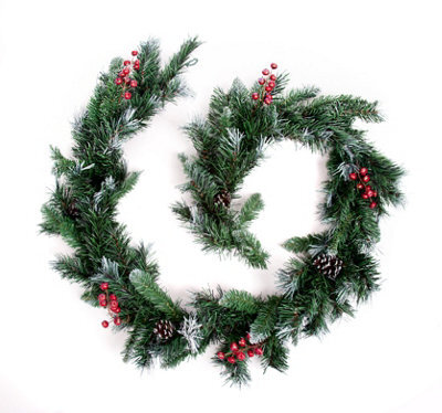 Best Artificial 9Ft Deluxe Frosted Christmas Garland With Pine Cones & Winter Red Berries Banister Fireplace Staircase - image 1
