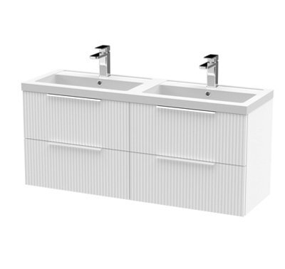 Hudson Reed Fluted Wall Hung 4-Drawer Vanity And Double Polymarble Basin, Modern Sink Vanity Unit, Satin White, 1200mm - image 1