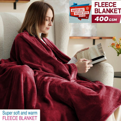 Ameha Fleece Plain Blanket, Lightweight & Reversible Throw For Travel, Bed & Sofa Blanket, Red Super King 230X270Cm - image 1