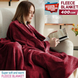 Ameha Fleece Plain Blanket, Lightweight & Reversible Throw For Travel, Bed & Sofa Blanket, Red Super King 230X270Cm