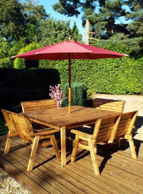Charles Taylor 8 Seater Wooden Square Table & 4 X Garden Benches Parasol Red - image 1