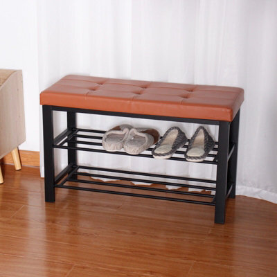 IHIDirect Tan 3 Tier Faux Leather Tufted Cushioned Shoe Rack Seating Bench Hallway Storage Organiser Stand - image 1