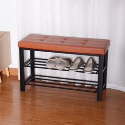 IHIDirect Tan 3 Tier Faux Leather Tufted Cushioned Shoe Rack Seating Bench Hallway Storage Organiser Stand - thumbnail 1