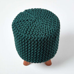 Homescapes Forest Green Tall Cotton Knitted Footstool On Legs - thumbnail 3