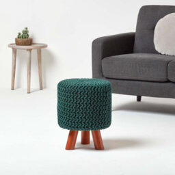 Homescapes Forest Green Tall Cotton Knitted Footstool On Legs - thumbnail 2