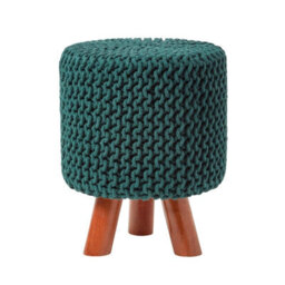 Homescapes Forest Green Tall Cotton Knitted Footstool On Legs
