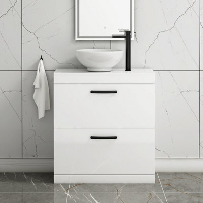 Royal Bathrooms 800mm Floor Standing Vanity Unit 2 Drawer Gloss White & Countertop Basin - Breeze With Matt Black Handle - image 1