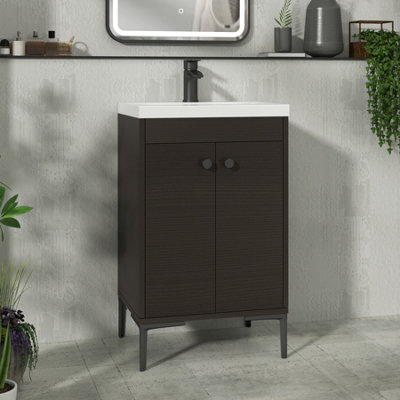 Royal Bathrooms Verona 500mm Walnut Woodgrain Floor Standing Bathroom Vanity Unit 2 Door With Mid-Edge Basin & Matt Black Knob - image 1