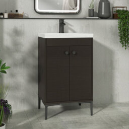 Royal Bathrooms Verona 500mm Walnut Woodgrain Floor Standing Bathroom Vanity Unit 2 Door With Mid-Edge Basin & Matt Black Knob