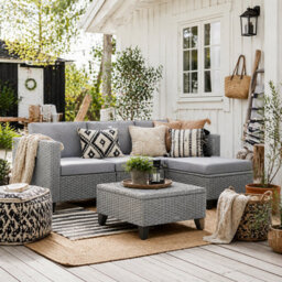 Wyld Haus Vasuro 5-Piece Grey Rattan Garden Furniture Set - Corner Sofa, Armless Chair, Footstool And Glass-Top Coffee Table