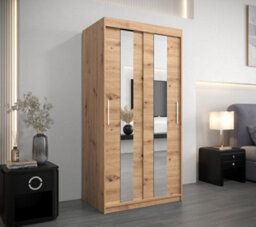 Arte Rustic Oak Artisan Pole Sliding Door Wardrobe W1000mm H2000mm D620mm - Mirrored Storage With Silver Handles - thumbnail 2