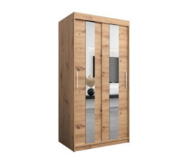 Arte Rustic Oak Artisan Pole Sliding Door Wardrobe W1000mm H2000mm D620mm - Mirrored Storage With Silver Handles