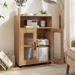 Costway Bathroom Cabinet Freestanding Linen Floor Cabinet With 2 Doors-Natural