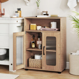 Costway Bathroom Cabinet Freestanding Linen Floor Cabinet With 2 Doors-Natural - thumbnail 2