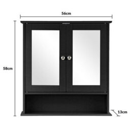 Taylor & Brown Wall Mounted Double Door Mirrored Bathroom Cabinet With Adjustable Shelves, 56X13X58Cm (Black) - thumbnail 7
