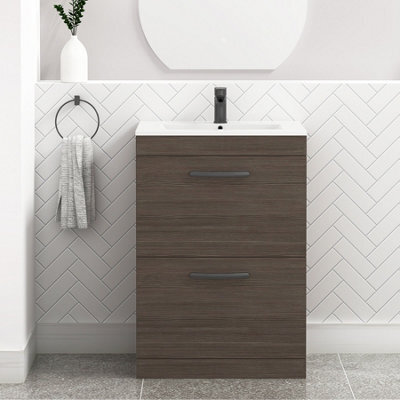 Royal Bathrooms Turin Grey Elm 600mm Floor Standing Vanity Unit 2 Drawer With Minimalist Basin Sink & Matt Black Handles - image 1