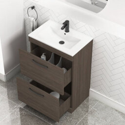 Royal Bathrooms Turin Grey Elm 600mm Floor Standing Vanity Unit 2 Drawer With Minimalist Basin Sink & Matt Black Handles - thumbnail 5
