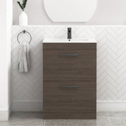 Royal Bathrooms Turin Grey Elm 600mm Floor Standing Vanity Unit 2 Drawer With Minimalist Basin Sink & Matt Black Handles - thumbnail 1