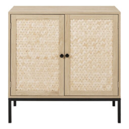 Living And Home Natural Wooden  2 Shelves Rustic Cabinet Sideboard For Living Room With Bamboo Woven Doors And Metal Base - 80X40X80Cm - thumbnail 8
