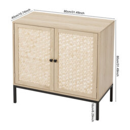 Living And Home Natural Wooden  2 Shelves Rustic Cabinet Sideboard For Living Room With Bamboo Woven Doors And Metal Base - 80X40X80Cm - thumbnail 9