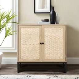 Living And Home Natural Wooden  2 Shelves Rustic Cabinet Sideboard For Living Room With Bamboo Woven Doors And Metal Base - 80X40X80Cm