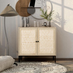 Living And Home Natural Wooden  2 Shelves Rustic Cabinet Sideboard For Living Room With Bamboo Woven Doors And Metal Base - 80X40X80Cm - thumbnail 2