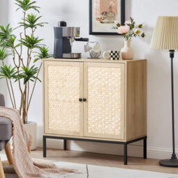 Living And Home Natural Wooden  2 Shelves Rustic Cabinet Sideboard For Living Room With Bamboo Woven Doors And Metal Base - 80X40X80Cm - thumbnail 3
