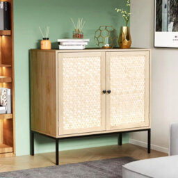 Living And Home Natural Wooden  2 Shelves Rustic Cabinet Sideboard For Living Room With Bamboo Woven Doors And Metal Base - 80X40X80Cm - thumbnail 4
