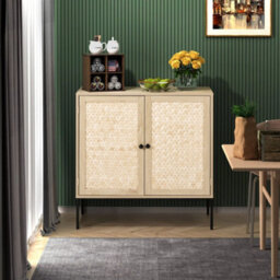 Living And Home Natural Wooden  2 Shelves Rustic Cabinet Sideboard For Living Room With Bamboo Woven Doors And Metal Base - 80X40X80Cm - thumbnail 5