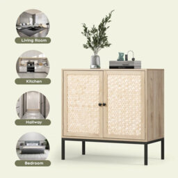 Living And Home Natural Wooden  2 Shelves Rustic Cabinet Sideboard For Living Room With Bamboo Woven Doors And Metal Base - 80X40X80Cm - thumbnail 6