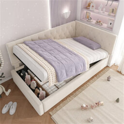 Abrihome Velvet Daybed With Hydraulic Storage (90X190Cm), Ottoman Single Sofa Bed & Metal Slatted Frame, Beige (No Mattress)