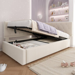 Abrihome Velvet Daybed With Hydraulic Storage (90X190Cm), Ottoman Single Sofa Bed & Metal Slatted Frame, Beige (No Mattress) - thumbnail 9