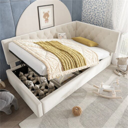 Abrihome Velvet Daybed With Hydraulic Storage (90X190Cm), Ottoman Single Sofa Bed & Metal Slatted Frame, Beige (No Mattress) - thumbnail 7