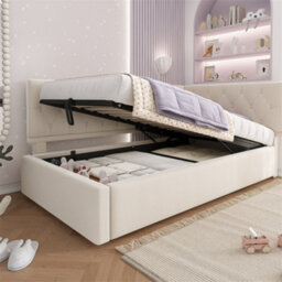 Abrihome Velvet Daybed With Hydraulic Storage (90X190Cm), Ottoman Single Sofa Bed & Metal Slatted Frame, Beige (No Mattress) - thumbnail 8