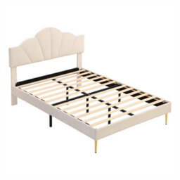Abrihome Velvet Upholstered Bed, Velvet Double Bed With Golden Iron Legs & Adjustable Headboard, 135X190Cm, Beige - thumbnail 5