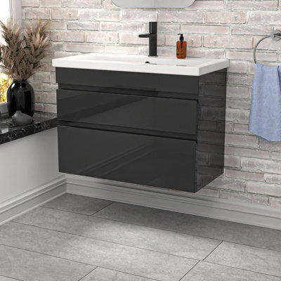 Nes Home Wall Hung Dark Grey 800mm 2 Drawers Vanity Unit & Basin Sink - image 1