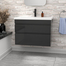 Nes Home Wall Hung Dark Grey 800mm 2 Drawers Vanity Unit & Basin Sink - thumbnail 2