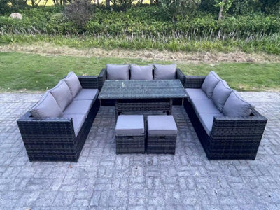 Fimous Outdoor Garden Furniture Rattan Lounge Sofa Set Patio Rectangular Dining Table With 2 Small Footstool Dark Grey Mixed - image 1