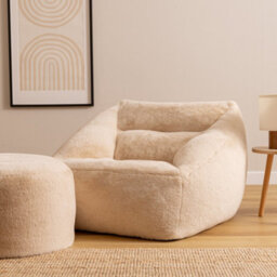 icon Natalia Bean Bag Armchair And Round Footstool, Rabbit Faux Fur Light Grey - thumbnail 1