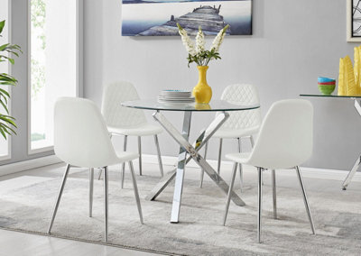 Furniturebox Uk Selina Chrome Round Square Leg Glass Dining Table And 4 White Corona Silver Chairs Set - image 1