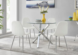 Furniturebox Uk Selina Chrome Round Square Leg Glass Dining Table And 4 White Corona Silver Chairs Set - thumbnail 1