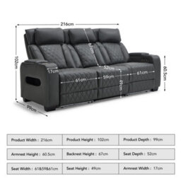 More4Homes Capri Electric Recliner 3 Seater Sofa (Charcoal) - Fold Down Drinks Tray, Wireless Charging, Air Leather, Led Lighting, Cupholders - thumbnail 9