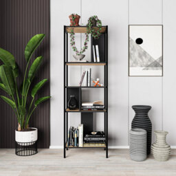 Decortie Modern Mini Bookcase 5-Tier Open Shelves Unit Metal Frames Room Divider Office Storage 58Cm(W)Cm Oak, Silky Grey Black - thumbnail 3
