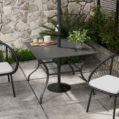 Outsunny Garden Table With Parasol Hole For Four, Slatted Metal Plate Top Grey - image 1