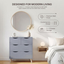 Afn Home 2+2 Drawer Chest Of Drawers, 4 Drawer Bedroom Storage Unit, Rubber Wood Legs, H69.5 X W60 X D39Cm, Grey Matt - thumbnail 5