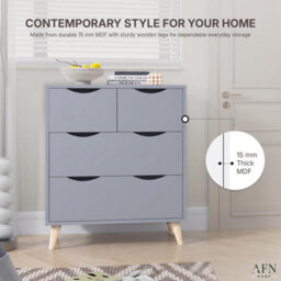 Afn Home 2+2 Drawer Chest Of Drawers, 4 Drawer Bedroom Storage Unit, Rubber Wood Legs, H69.5 X W60 X D39Cm, Grey Matt - thumbnail 8