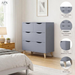 Afn Home 2+2 Drawer Chest Of Drawers, 4 Drawer Bedroom Storage Unit, Rubber Wood Legs, H69.5 X W60 X D39Cm, Grey Matt - thumbnail 6