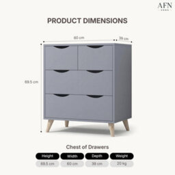 Afn Home 2+2 Drawer Chest Of Drawers, 4 Drawer Bedroom Storage Unit, Rubber Wood Legs, H69.5 X W60 X D39Cm, Grey Matt - thumbnail 4