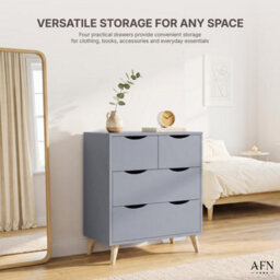 Afn Home 2+2 Drawer Chest Of Drawers, 4 Drawer Bedroom Storage Unit, Rubber Wood Legs, H69.5 X W60 X D39Cm, Grey Matt - thumbnail 7