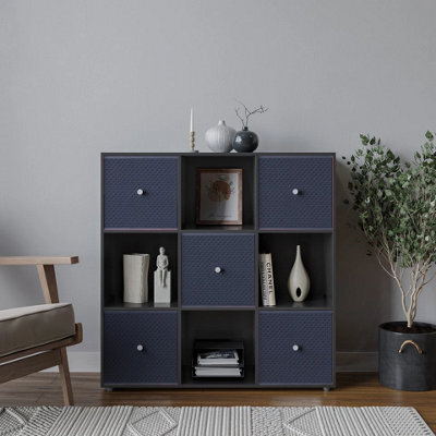 Urbn-Living Urbnliving 9 Cube Black Wooden Bookcase Shelving Unit With 5 Collapsible Fabric Drawers - Navy Blue - image 1